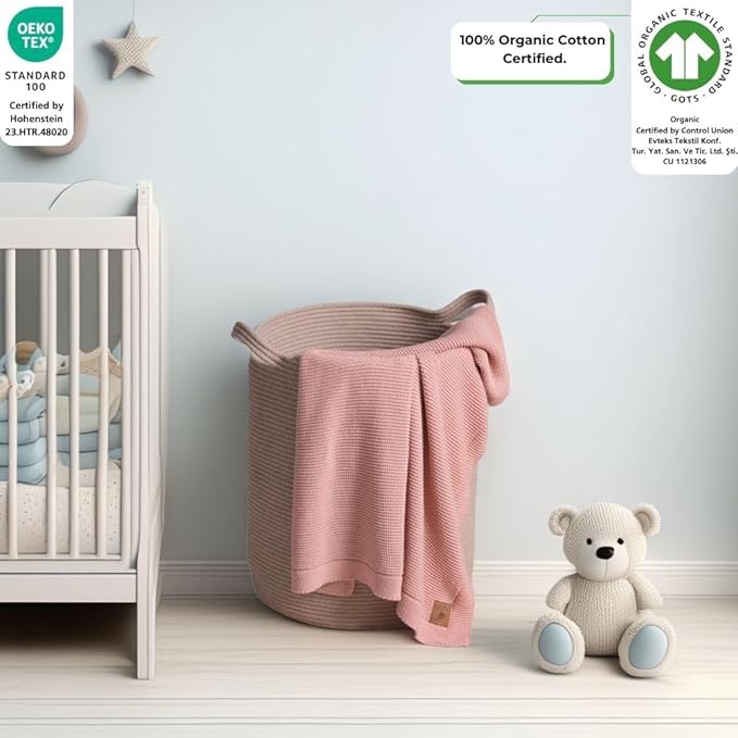 100% Organic Cotton Baby Knitted Blanket with Gift Box - Soft Toddler, Crib, Stroller Blanket - Neutral Swaddle and Receiving Blanket for Newborns, 30"x40", Pink
