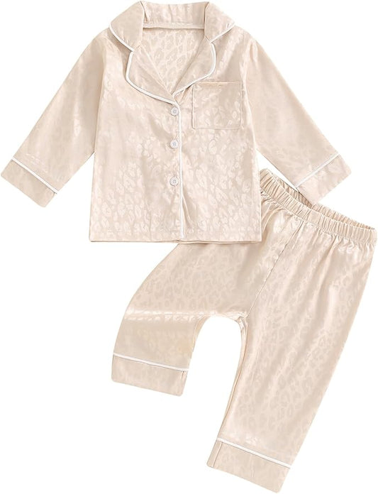 Toddler Kids Baby Girl Solid Pjs Ruffle Long Sleeve Button Shirt Top and Pants Cotton 2Piece Pajamas Set