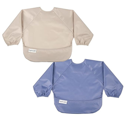 Tiny Twinkle Mess Proof Baby Bibs, 2pk Waterproof Smock Baby Bibs for Eating, Machine Washable Long Sleeve Bibs, Baby Led Weaning, Toddler Bibs, BLW Supplies (Periwinkle Putty, Small 6-24 Months)