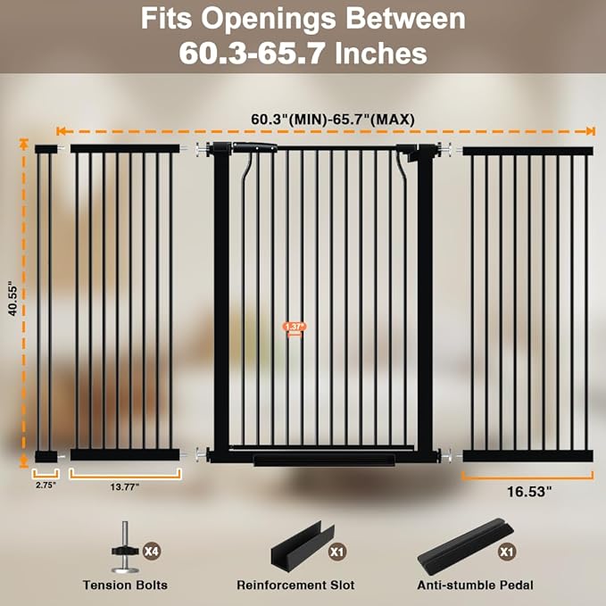 41" Extra Tall Dog Gate for Doorways Stairs, 60.3-65.7 in in Wide Baby Gates Walk Thru, No Drill Long Pet Gate for Doggie Puppy, Auto Close Large Child Safety Gate with Door Indoor, Black