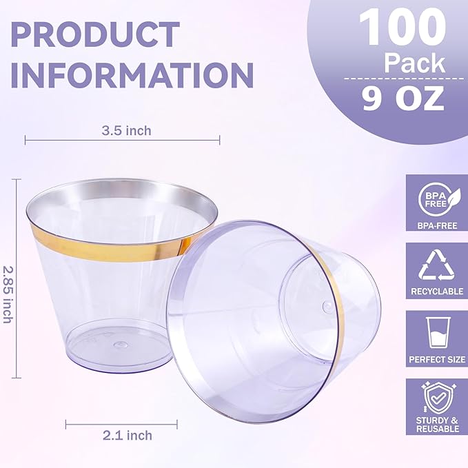 supernal 100 Pack Purple Plastic Cups, 9 Oz Clear Purple Disposable Cups with Gold Rimmed - Plastic Wine/Cocktail Glasses, Disposable Bridal/Shower Baby Shower Cup Perfect for Party & Wedding