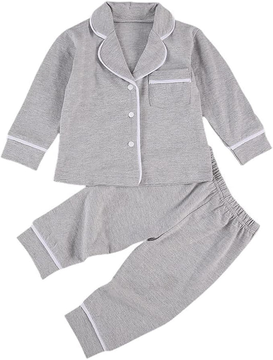 Toddler Kids Baby Girl Solid Pjs Ruffle Long Sleeve Button Shirt Top and Pants Cotton 2Piece Pajamas Set