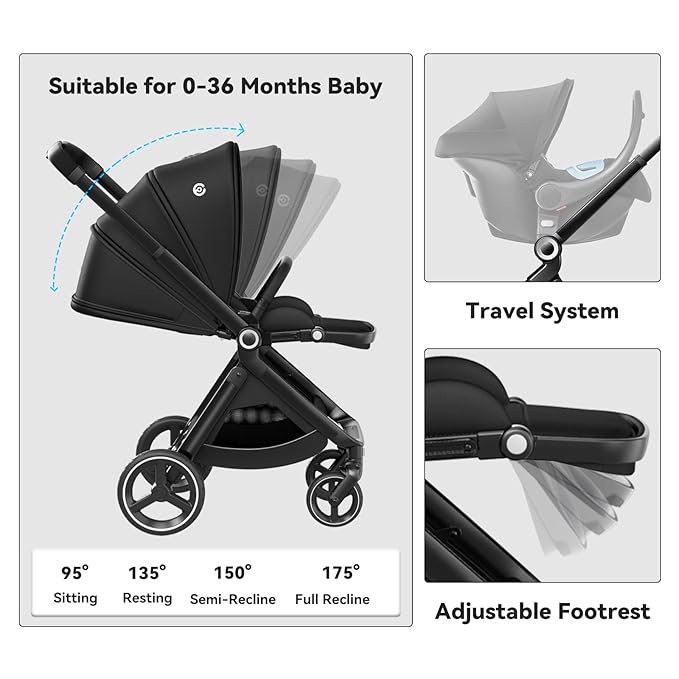 EMU Reversible Baby Stroller with Reversible Seat Full-Size Infant Stroller with Full Recline Cockpit Compact Foldable Pram Carriage for Outdoor City - Black