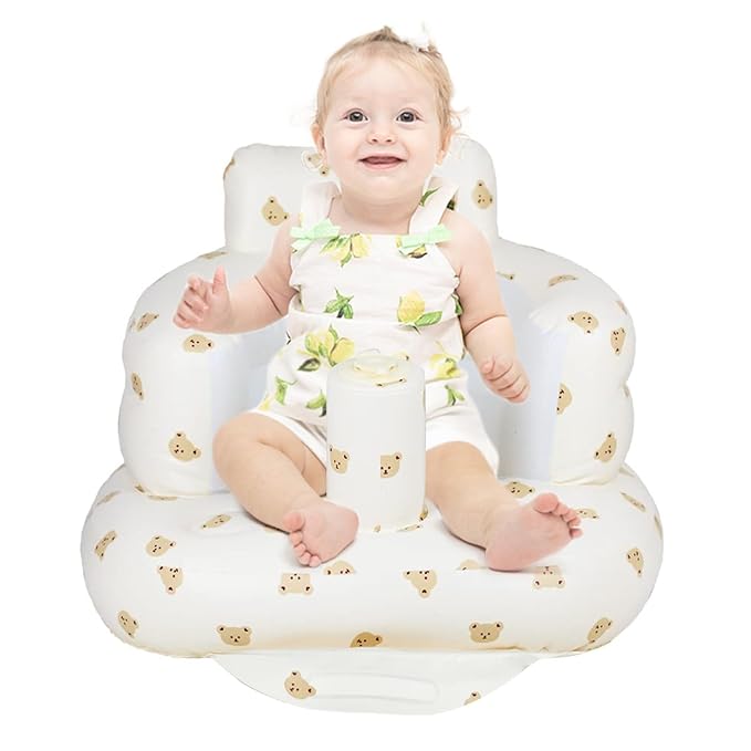 Inflatable Baby Seat, Inflatable Baby Chair for Babies 3 Months and Up, Summer Blow Up Chair with Built in Air Pump, Infant Floor Seats for Learning to Sit, Palying, Camping, Bear Head