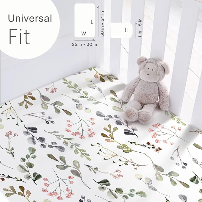 GRSSDER Stretchy Ultra Soft Jersey Knit Fitted Pack n Play Sheets Set 2 Pack， Portable Pack and Play/Mini Cribs Sheets for Girls，Stylish Watercolor Rose and Flora