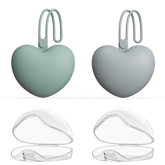 4pcs Pacifier Holder Case Set, 2pcs Silicone Portable Pacifier Pouch and 2pcs Transparent Pacifier Storage Container, Cute Heart Shape Pacifier Storage Case for Newborn Baby（Gray+Green）