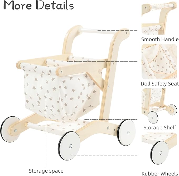 labebe Baby Push Walker Doll Stroller, Push Toy for Toddler, Shopping Cart for Girls and Boys 1 Years Old, Kids Stand Learning Walker, Wooden Play Wagon with Wheel, Larger Size 15.2 * 18.7 * 19.7