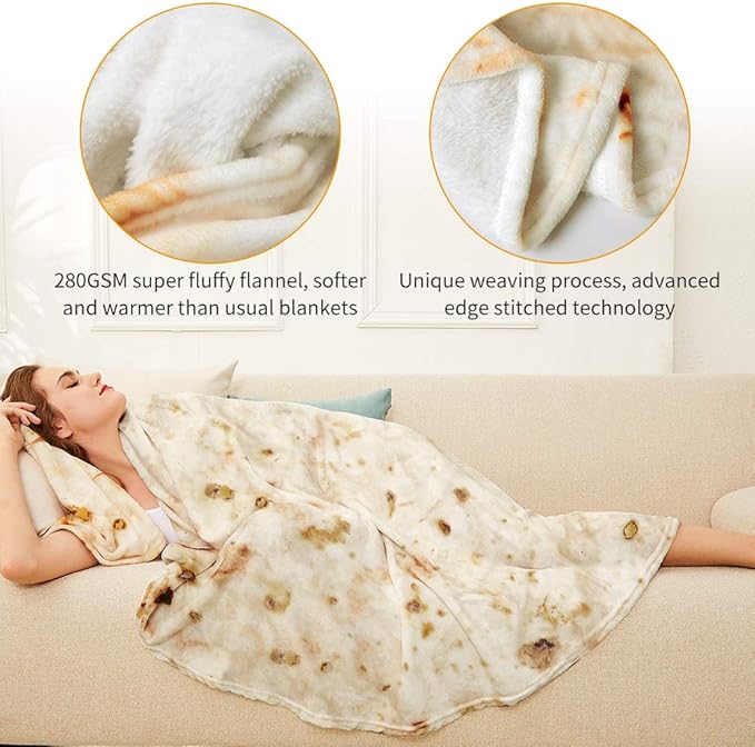 Burrito Tortilla Throw Blanket, 2.0 Double Sided Burritos Taco Tortilla Wrap Blankets for Adults Kids, Giant Funny Realistic Food Blankets, Soft Flannel Round Throw Blanket 80in