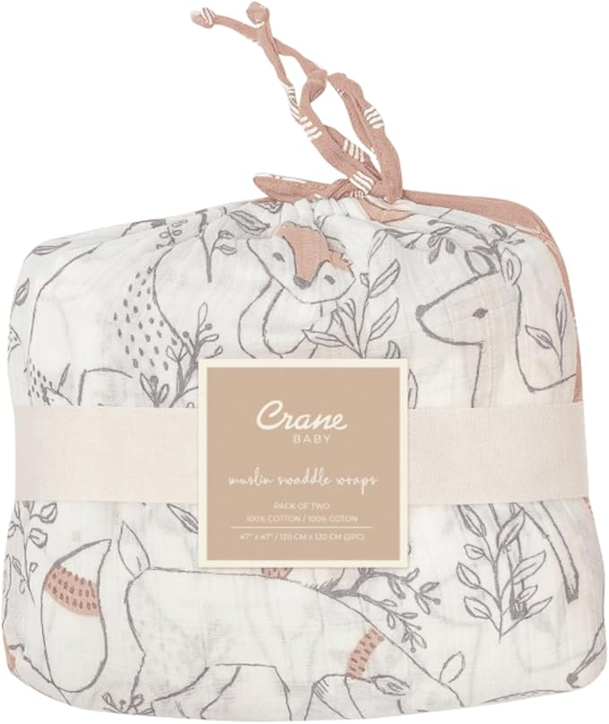 Crane Baby 100% Cotton Muslin Swaddle Blankets, Set of 2, 47" x 47", Boho Woodland Baby, Forest Animals Swaddle, Neutral Baby Items