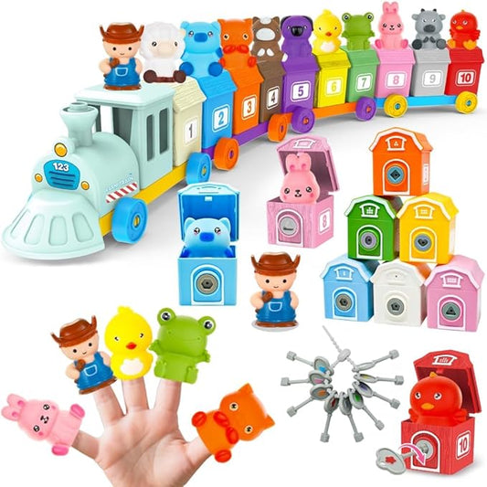 Farm Train Toys for Toddlers 1 2 3 Years Old, Learning Montessori Toys with 10 Farm Animals Finger Puppets 1 Farmer, Counting Matching Sorting Barns with Keys, Educational Toy Gift for Boys Girls