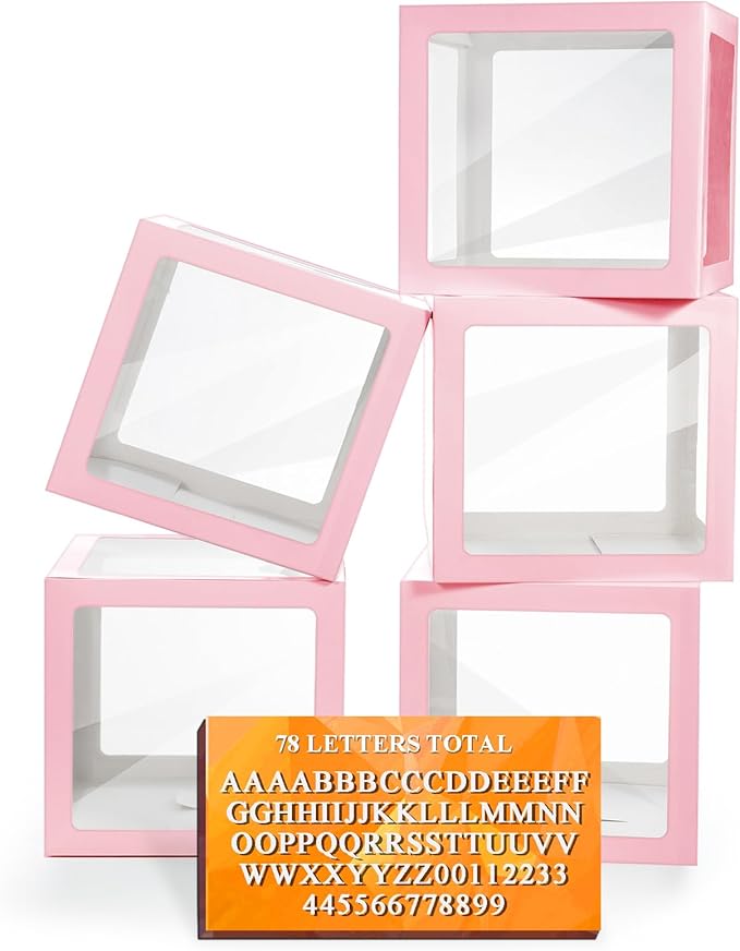 Ledido Transparent Balloon Boxes With 78 Letters, Pink Baby Boxes with Letters for Baby Shower Clear Letter Boxes for Party Wedding Birthday Baby Shower Decorations 5 PCS