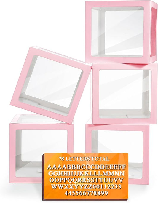 Ledido Transparent Balloon Boxes With 78 Letters, Pink Baby Boxes with Letters for Baby Shower Clear Letter Boxes for Party Wedding Birthday Baby Shower Decorations 5 PCS