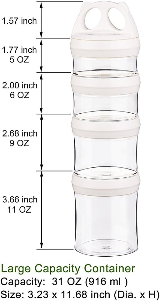SELEWARE Portable Stackable Food Storage Containers for Snacks Formula Powder and Drinks Twist Lock System Airtight Leak-proof BPA and Phthalate Free 4 Piece Jars 31oz, White