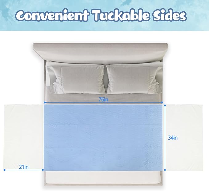 OUTCREATOR® Saddle Style Bed Pad with Tuck-in Sides, 34" x 76" Reusable Incontinence Underpad, Absorbent Waterproof Washable Quilted Tuckable Mattress Protector for Adults, Elderly, Kids, Pets (Blue)