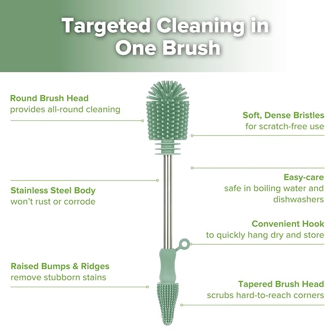 haakaa Cleaning Brush Silicone Bottle Brush Double-Ended Soft Silicone Bristles for Breast Pumps, Breast Milk Collectors, Baby Bottles, Teats, Breastmilk Storage Bags, Detachable - Pea Green-1pk