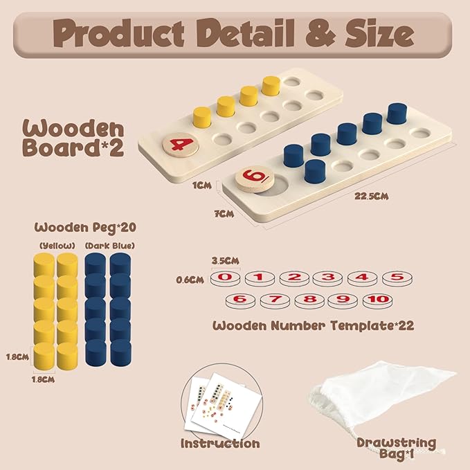 TEUVO Counting Peg Board Montessori Toys for Kids Aged 3 4 5 6 Years Old, Montessori Math Manipulatives Materials Wooden Preschool Learning Number and Counting Games for Home School Classroom Teaching