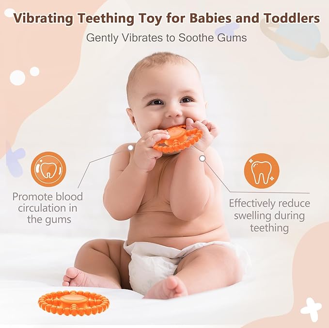 Vibrating Sensory Teething Toys,Baby Toys 6-18 Months, Autism Support & Oral Development, USB Rechargeable Teether for Toddlers, 1-2 Year Old Boys Christmas Girls Gifts idea (Orange)