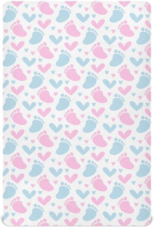 Baby Crib Sheets Pink and Blue Footprint Crib Sheets for Boys Girls,Neutral Bassinet Toddler Bed Play Sheets Breathable Soft and Portable 52 * 28 * 9in