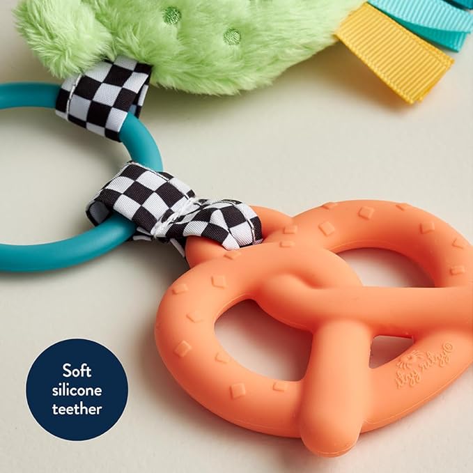 Itzy Ritzy Infant Toy & Teether - Itzy Pal Baby Teething Toy Includes Lovey, Crinkle Sound, Textured Ribbons & Silicone Teether Toy for Newborn (Pickle)