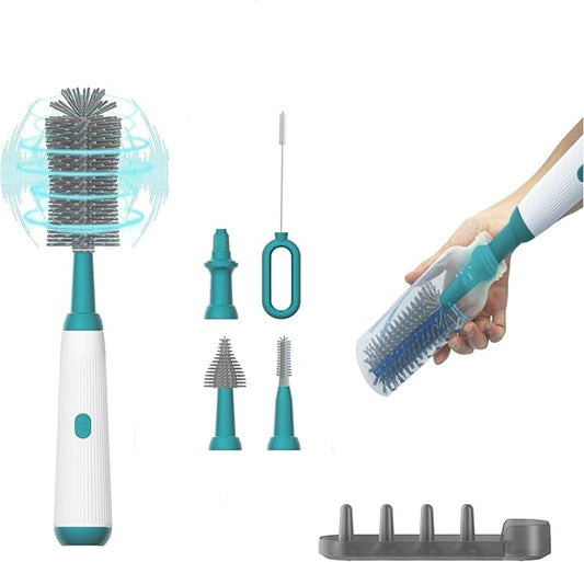 Electric Baby Bottle Brush Cleaner with Extended Handle & Drying Holder, Baby Bottle Brush Set with Silicone Bottle/Nipple/Crevice/Brush,Straw Cleaner,Lifesaver Automatic Bottle Cleaner，Green