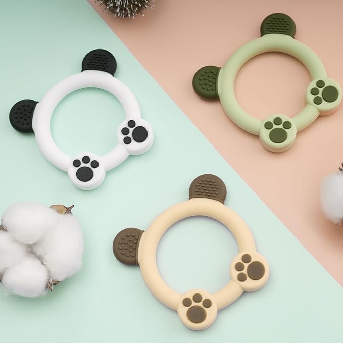 3 Pack Baby Teether, Bear-Shaped Silicone Teething Toys for Infants 0-24 Months, BPA-Free Chew Toys to Soothe Sore Gums (White & Green & Yellow)