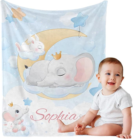 Personalized Baby Blanket with Name, Custom Elephant Name Blankets Toddler Girls Soft Flannne Swaddling Blankets Azure Color Customized Memorial Gift from Nana for Infant Newborn Shower