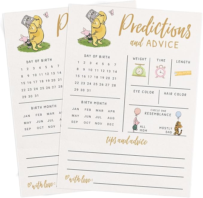 Printed Party Baby Predictions & Advice Cards – Classic Pooh Theme, Winnie Baby Shower Game for Guests, Gender Reveal Activity for Boy or Girl Activity, 30 Pack