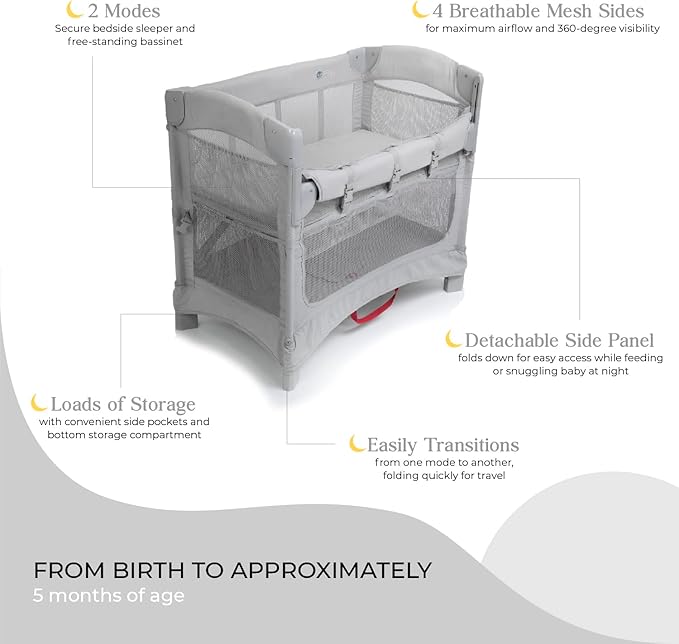 Arm’s Reach Mini Ezee 2 in 1 Co-Sleeper Bedside Bassinet with Mesh Side Panels, Side Pockets, and Bottom Storage, Gray
