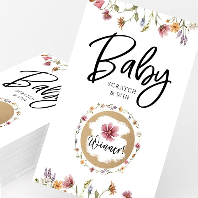 Printed Party Baby Shower Game – Floral Scratch Off Cards for Girl, Baby in Bloom Design, 30 Cards and Stickers