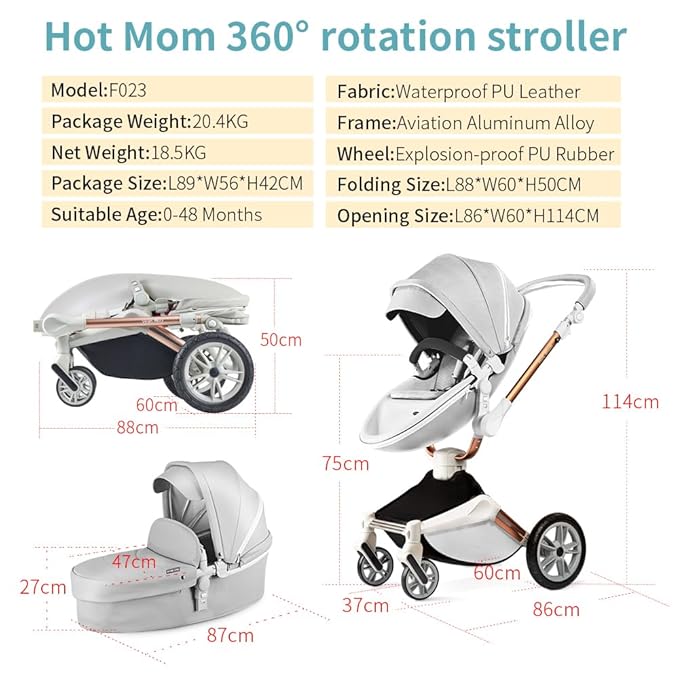 Hot Mom New H5 Baby Stroller 360 Degree Rotation Function, PU Leather Seat Combo Pushchair & Pram, Grey