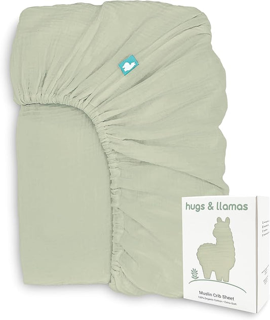 Hugs & Llamas | 100% Organic Cotton Muslin Fitted Crib Sheet | Baby Crib Sheets for Boys & Girls | Neutral (Organic Olive)