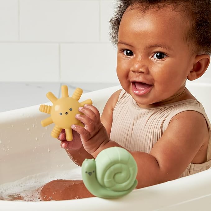 Itzy Ritzy Water-Squirting Sensory Bath Toys – Soft, Textured & Easy to Squeeze for Babies & Toddlers – Characters for Fun & Motor Skill Development - Set of 4 Includes Sun, Snail, Mushroom & Hedgehog