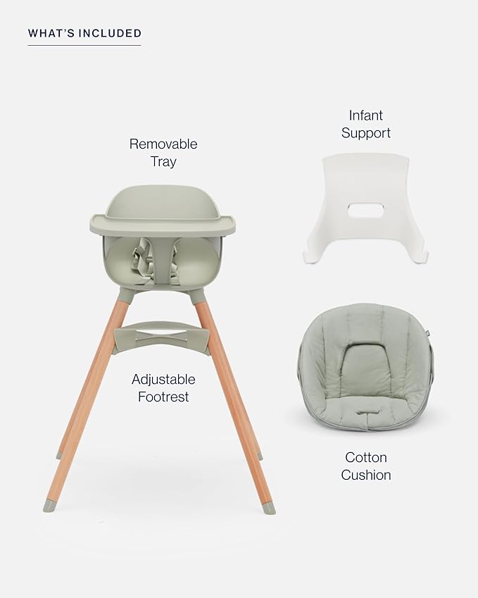 Lalo The High Chair Infant Kit - Convertible Wooden High Chair for Babies & Toddlers with Infant Support & Cushion, Grows with Your Child, Dishwasher Safe Tray, Adjustable Footrest Sage