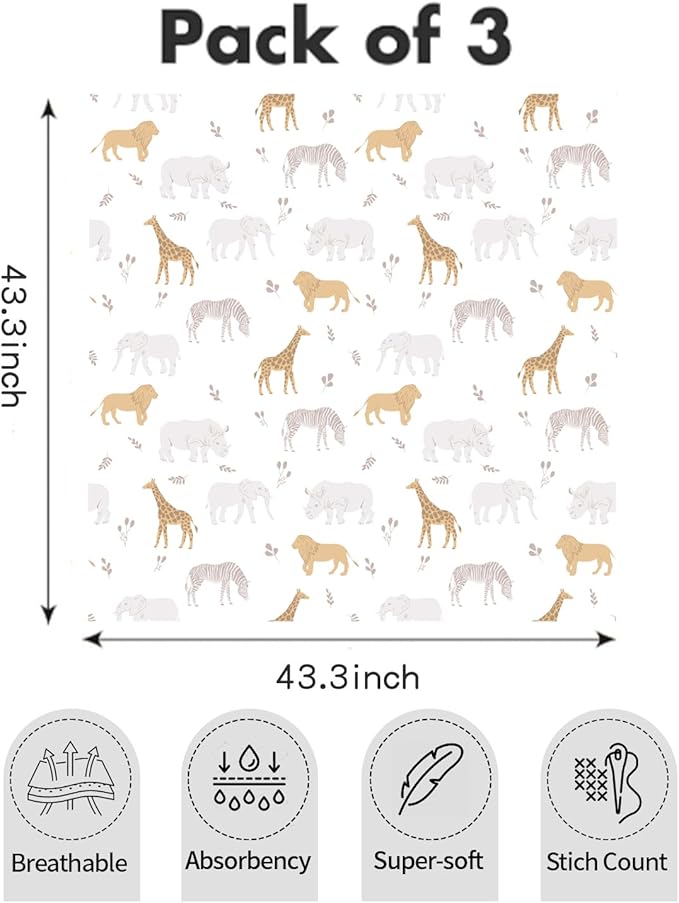 Muslin Swaddle Blankets for Baby Boys and Girls,3 Pack Breathable Soft Receiving Blanket,Large 43.3X 43.3 inches,Newborn Essentials Must Haves(Floral and Animal)