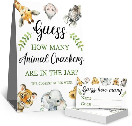 Guessing Animal Crackers Baby Shower Party Game Cards, Woodland Forest Animals Baby Shower Party Raffle Insert Ticket, Baby Showers Decorations Game Cards Kit (1 Standing Sign + 50 Guessing Cards)