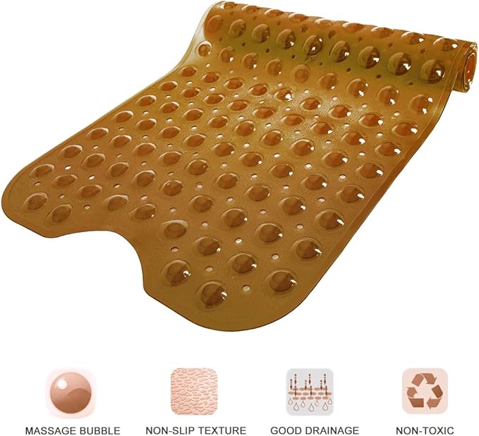 Linoows Bathtub and Shower Mats, Extra Long Non-Slip Bath Tub Mat 39 x 16 Inch, Machine Washable Bathmat with Suction Cups & Drain Holes for Bathroom Floor, Clear Brown