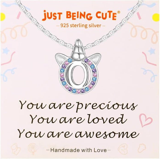 Unicorn Necklace for Girls, Initial Necklaces for Little Girls Kids Children, Hypoallergenic 925 Sterling Silver Kids Jewelry Colorful CZ Unicorn Gifts for Birthday Kindergarten Graduation Wedding