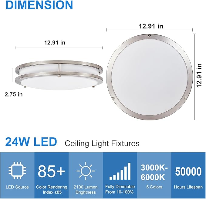 DLLT Flush Mount LED Ceiling Light: 13 Inch 5CCT (3000K-6000K) & Dimmable Ceiling Light Fixtures for Bedroom Hallway - 24W Modern Brushed Nickel Super Bright Kitchen Lighting Fixtures Ceiling