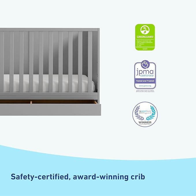 Graco Theo Convertible Crib with Storage Drawer (Pebble Gray) – GREENGUARD Gold Certified with Drawer, Converts to Toddler Bed, Fits Standard Crib Mattress