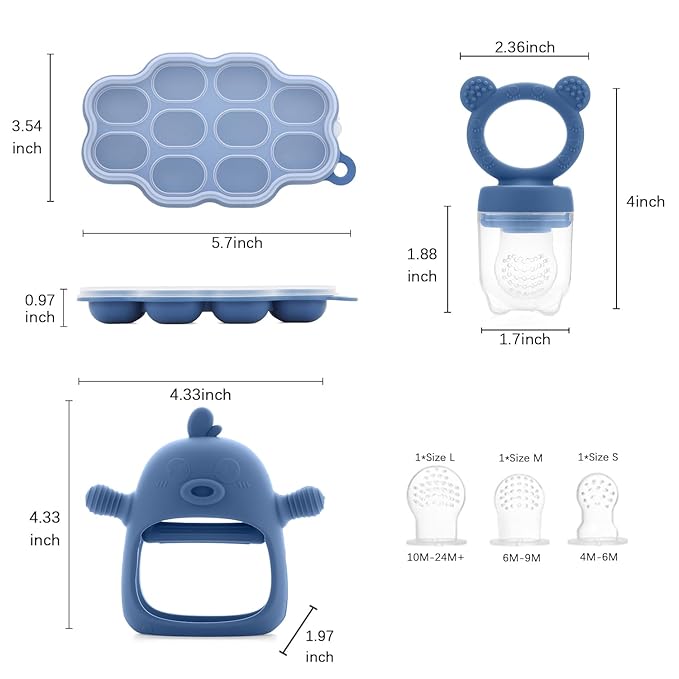 Baby Fruit Feeder & Breastmilk Popsicle Molds – (3-Pack) Teething Relief Set with Mesh & Silicone Pacifiers, Freezer Tray, Food Feeder for 0–12 Months, BPA Free – (Steel Blue)