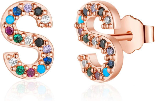 Memorjew Initial Stud Earrings for Women, Hypoallergenic 925 Sterling Silver Post Rainbow Cubic Zirconia Gold Plated 26 Initial Earrings for Women Jewelry Gifts
