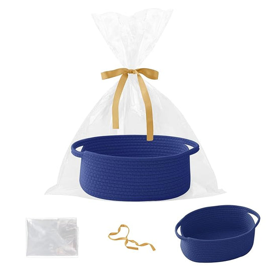 Gift Basket with Gift Bag and Ribbons,Small Rope Woven Shelf Storage,Baskets for Gifts Empty,Birthday,Shower,Decorative Organizer Box for Cat Dog Pet with Handles(Royal Blue)