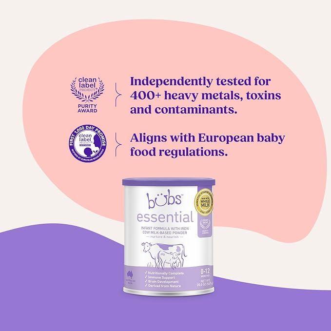Bubs Essential Infant Formula, with Iron, Cow Milk-Based Powder, for Infants 0-12 Months, Made with Non-GMO Milk, 20 oz