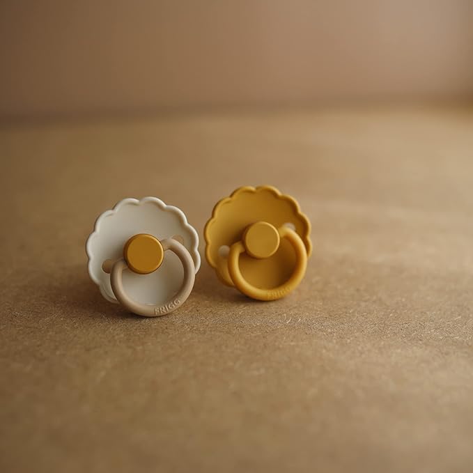 FRIGG Daisy Natural Rubber Baby Pacifier | Made in Denmark | BPA-Free (Chamomile/Peach Bronze, 6-18 Months) 2-Pack