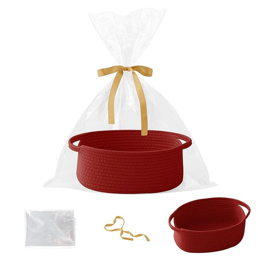 Gift Basket with Gift Bag and Ribbons,Small Rope Woven Shelf Storage,Baskets for Gifts Empty,Birthday,Shower,Decorative Organizer Box for Cat Dog Pet with Handles(Red)