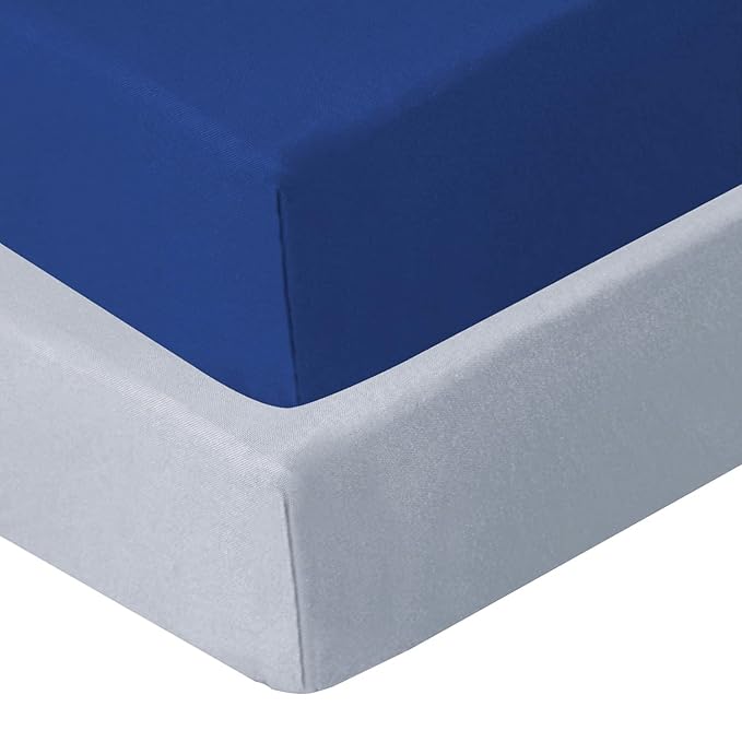Biloban Pack and Play Sheets Fitted, 2 Pack Pack and Play Sheet Fits for Graco Pack n Play Mattress, Neutral Playard Sheets for Baby Boys and Girl, Light Grey & Navy, 38”X 26”