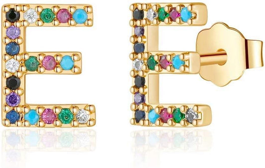 Memorjew Initial Stud Earrings for Women, Hypoallergenic 925 Sterling Silver Post Rainbow Cubic Zirconia Gold Plated 26 Initial Earrings for Women Jewelry Gifts