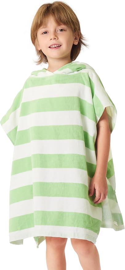Toddler Bath Towel Poncho Thick Cotton Striped Beach Towels for Kids Gifts (2-6, Green)