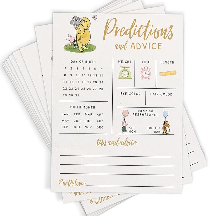 Printed Party Baby Predictions & Advice Cards – Classic Pooh Theme, Winnie Baby Shower Game for Guests, Gender Reveal Activity for Boy or Girl Activity, 30 Pack