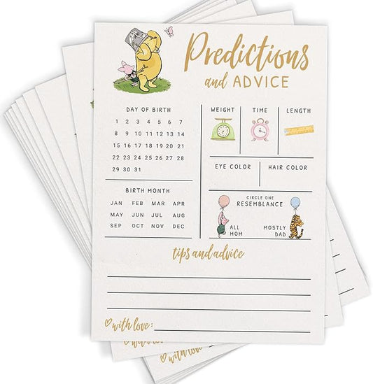 Printed Party Baby Predictions & Advice Cards – Classic Pooh Theme, Winnie Baby Shower Game for Guests, Gender Reveal Activity for Boy or Girl Activity, 30 Pack